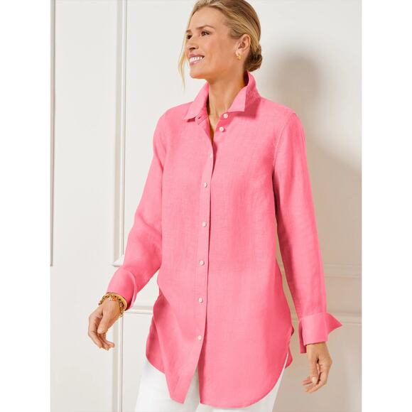 Talbots Linen Boyfriend Shirt Pink Button Up Shirttail Hem Long Sleeve Sz 0X - Picture 1 of 5